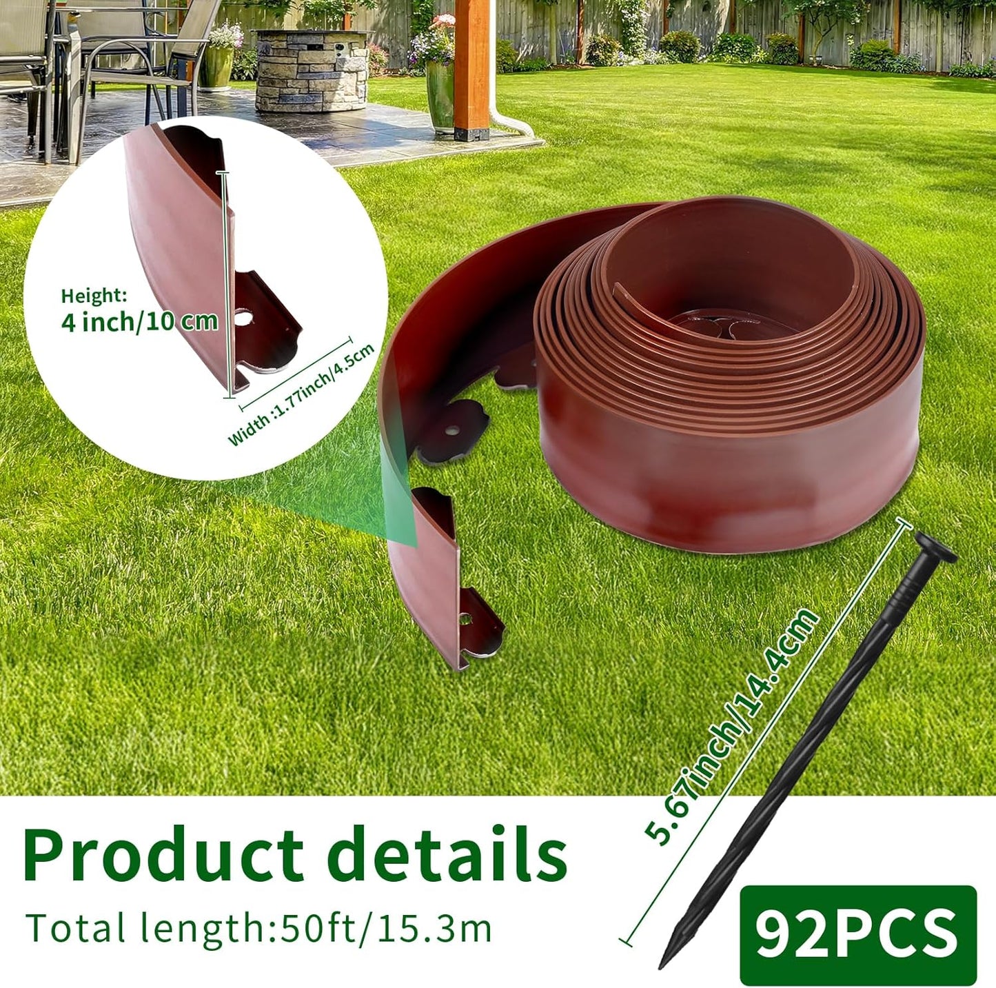 4 in x 50 Ft Garden Landscape Edging, No Dig Garden Edging Border Kit with 92 Pcs Spikes for Flower Bed Lawn Yard Grass Brown