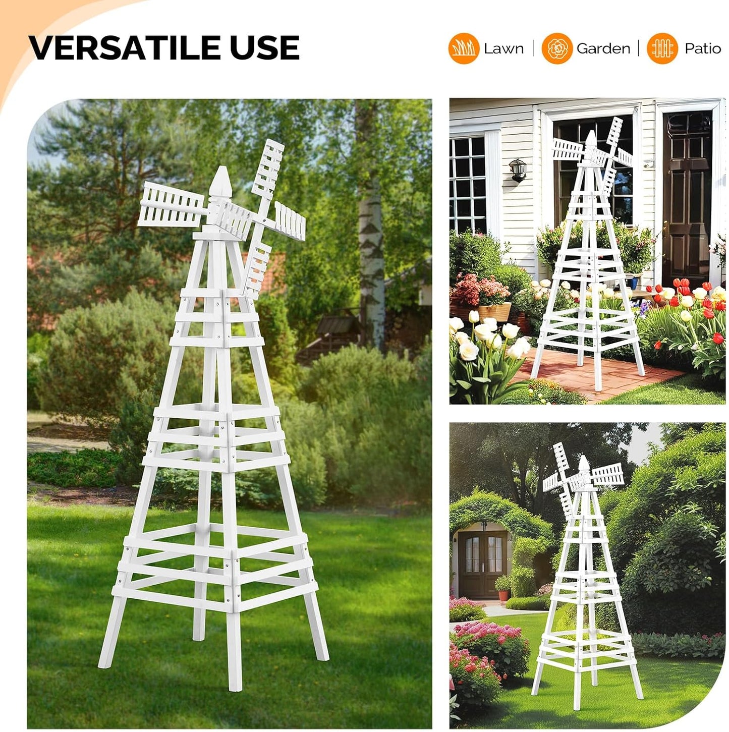 VINGLI Outdoor Yard Windmill, Wooden Wind Spinner for Garden Yard Lawn Patio Decoration (White, Large)