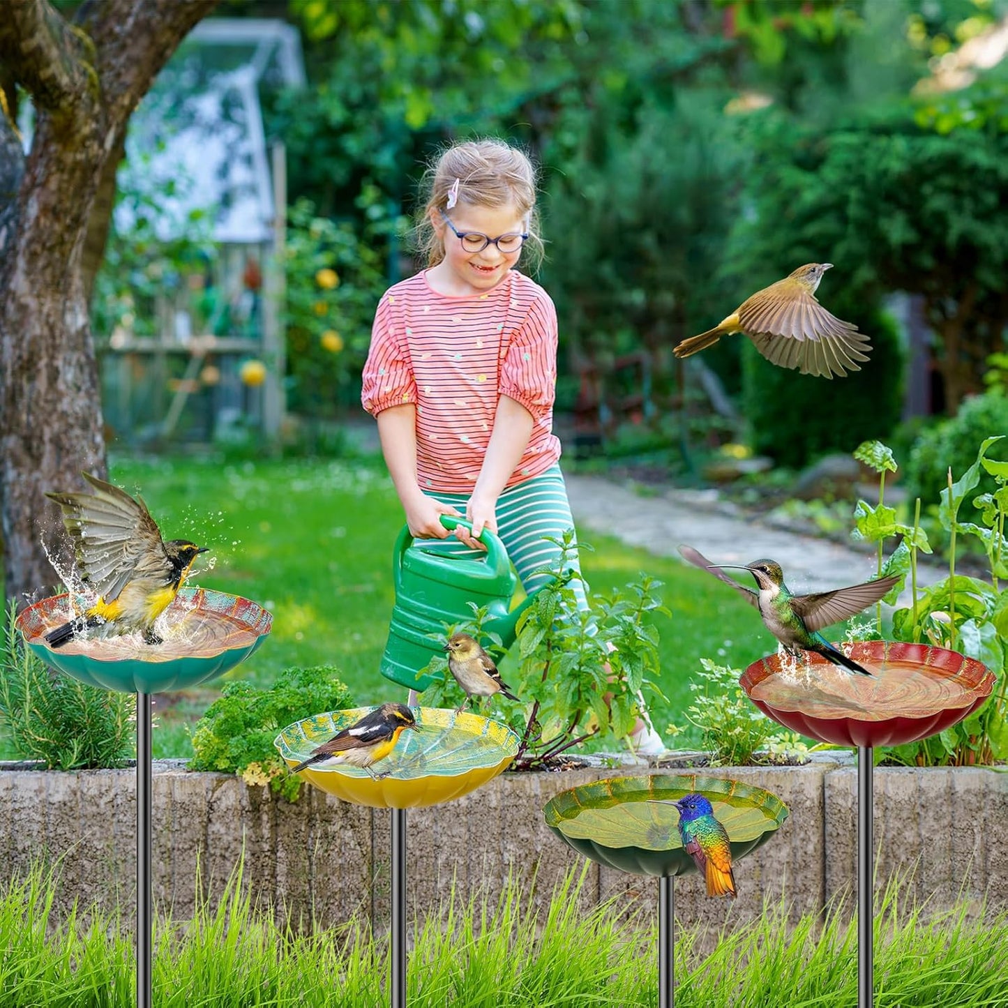 Metal Flower Bird Bath for Outside, Small Hummingbird Bath Bowl Detachable Birdfeeder Bowl Garden Decor for Outdoor Yard Lawn (4PCS-Flowers)