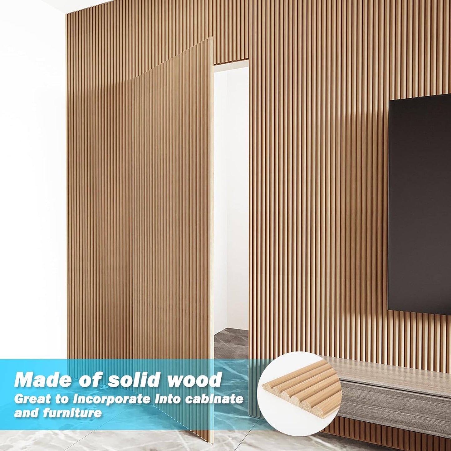 Art3d Fluted Wood Panel for Wall and Ceiling, Beaded Accent Molding for Home Decoration, Pack of 4pcs + 1pc End-Trim, Size 108 x 5.7in.- Beaded Oak