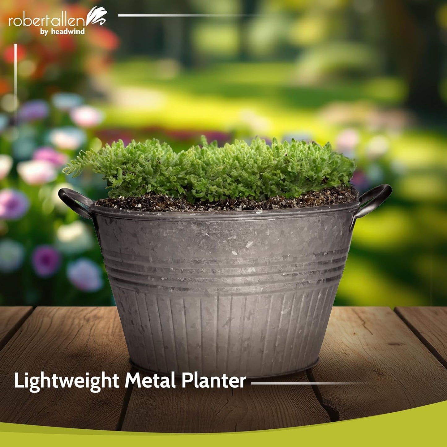 Headwind Round Galvanized Tub Planter with Handles – 12 Inch Lightweight Metal Planter with Drainage Hole – Galvanized Steel Tub for Plants - Metal Flower Pot by Robert Allen