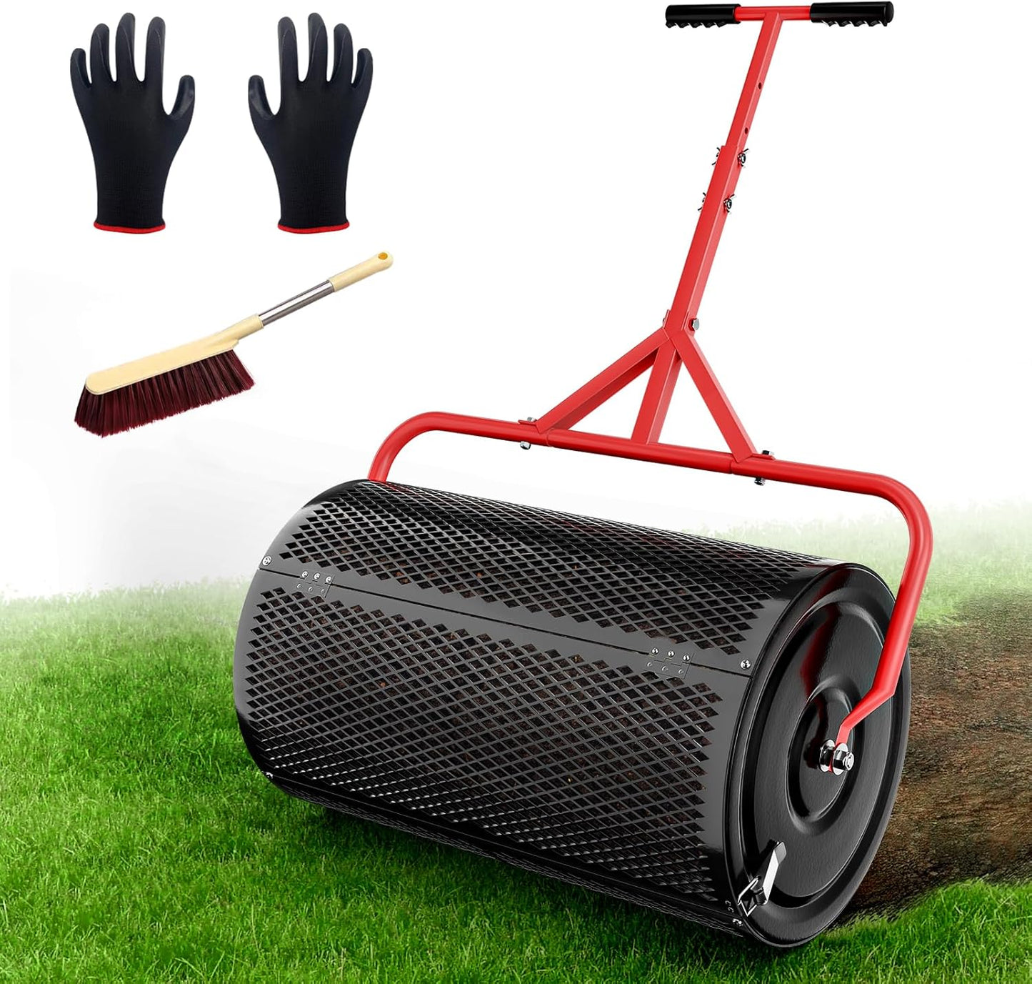 Compost Peat Moss Spreader for Lawn, 24 Inch Compost Roller Spreader with Adjustable T-Shaped Handle, Upgraded Side Clasps, Durable Lightweight Metal Roller, Lawn Garden Yard Care (Black)