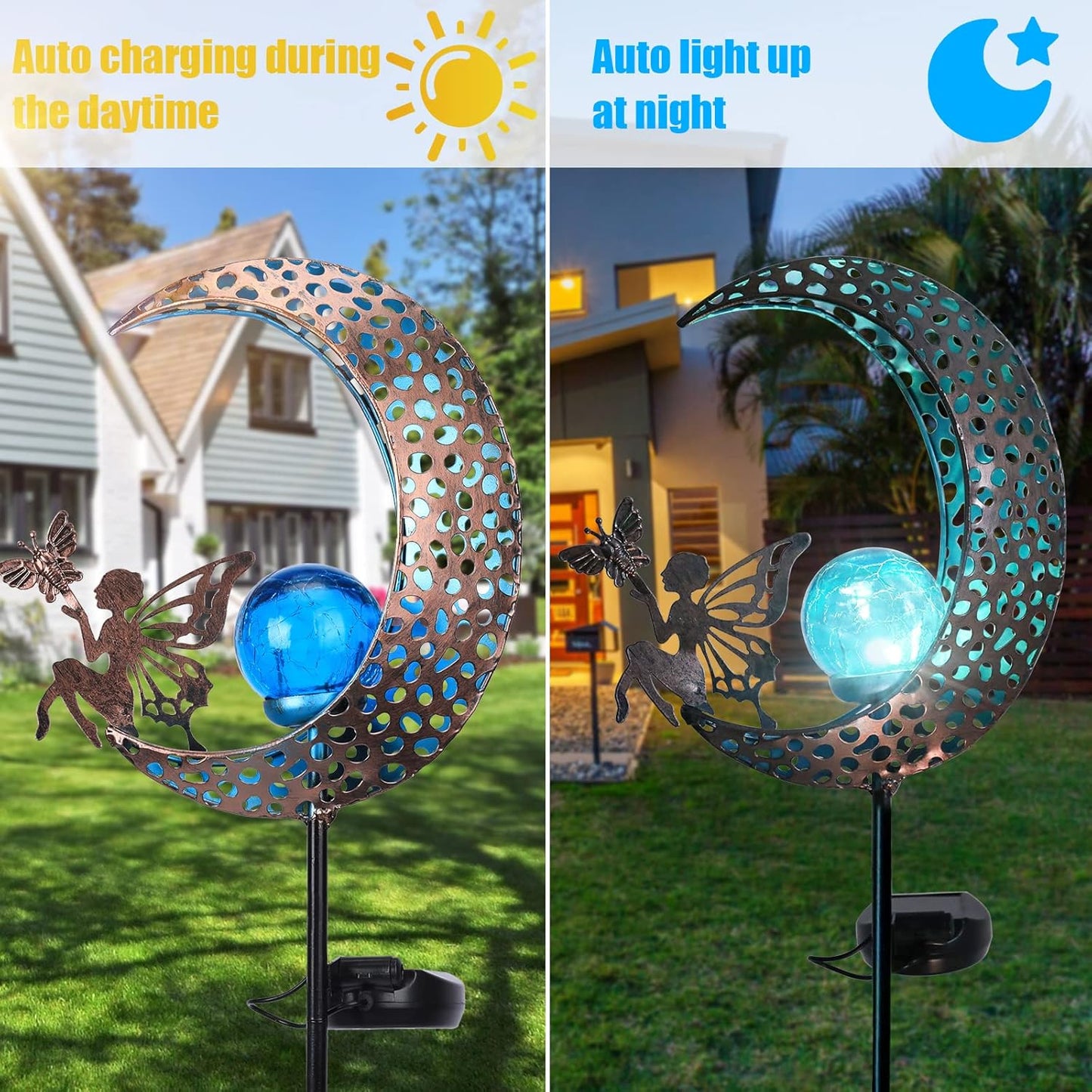 Bshine Moon Solar Light Outdoor Garden Decoration, Moon Fairy Garden Statue Outdoor Decor,Metal Waterproof Light Stake for Patio, Path, Yard and Lawn Ornament, Housewarming Gift for Mom,Blue