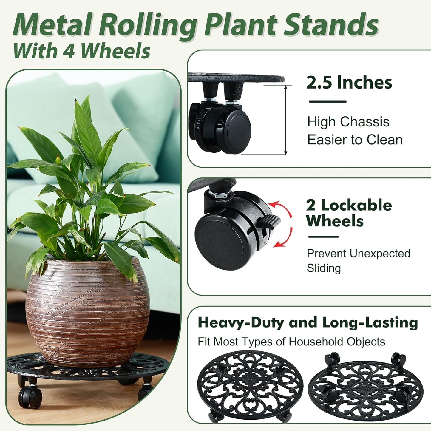 14 Inch Rolling Plant Stand with Wheels Metal Plant Caddy with Wheels Heavy Duty Round Plant Stand Indoor Iron Plants Rollers for Plants, Plant Dolly with Plant Saucers 1 Pack