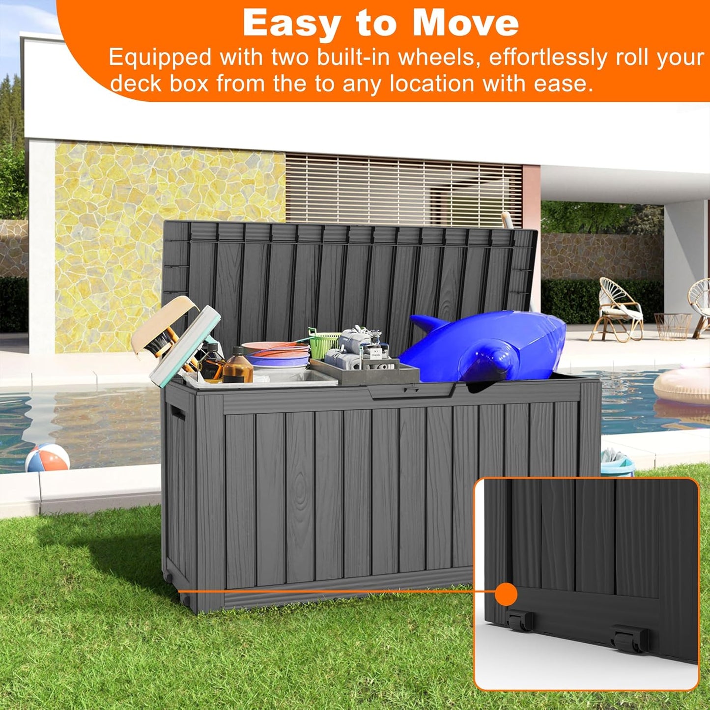 75 Gallon Resin Deck Box, Lockable Patio Outdoor Storage Box for Furniture, Garden Tools and Tools Storage, Waterproof Outside Storage Boxes - Black