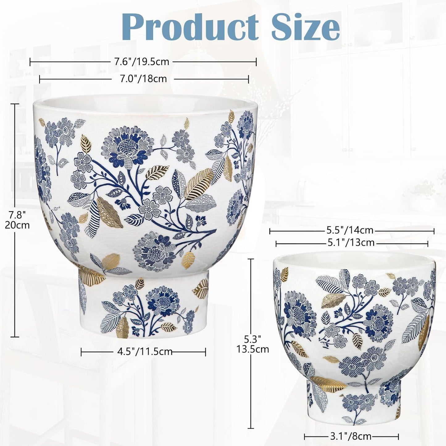 7.6/5.5 Inch Decorative Flower Pots, Blue and White Plant Pot Gold Accent Ceramic Planters for Indoor Plants Pots with Drainage Retro Planter Pot for Succulents Cactus Herb Snake Plants Outdoor Garden