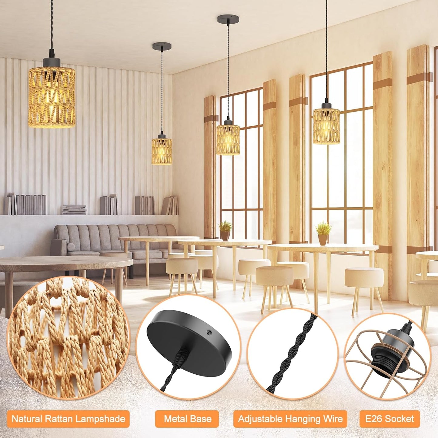 3Packs Boho Rustic Hemp Rope Pendant Light Hand-Woven Rattan Cage Basket Coastal Light Fixture Farmhouse Wicker Hanging Lighting for Kitchen Island Dining Room Bedroom