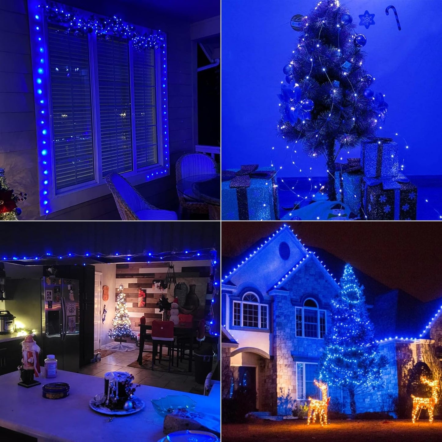 QITONG Blue Solar Fairy Lights, 4 Pack Each 33ft 100 LED String Lights Outdoor Waterproof, 8 Modes Silver Wire Twinkle Mini Lights