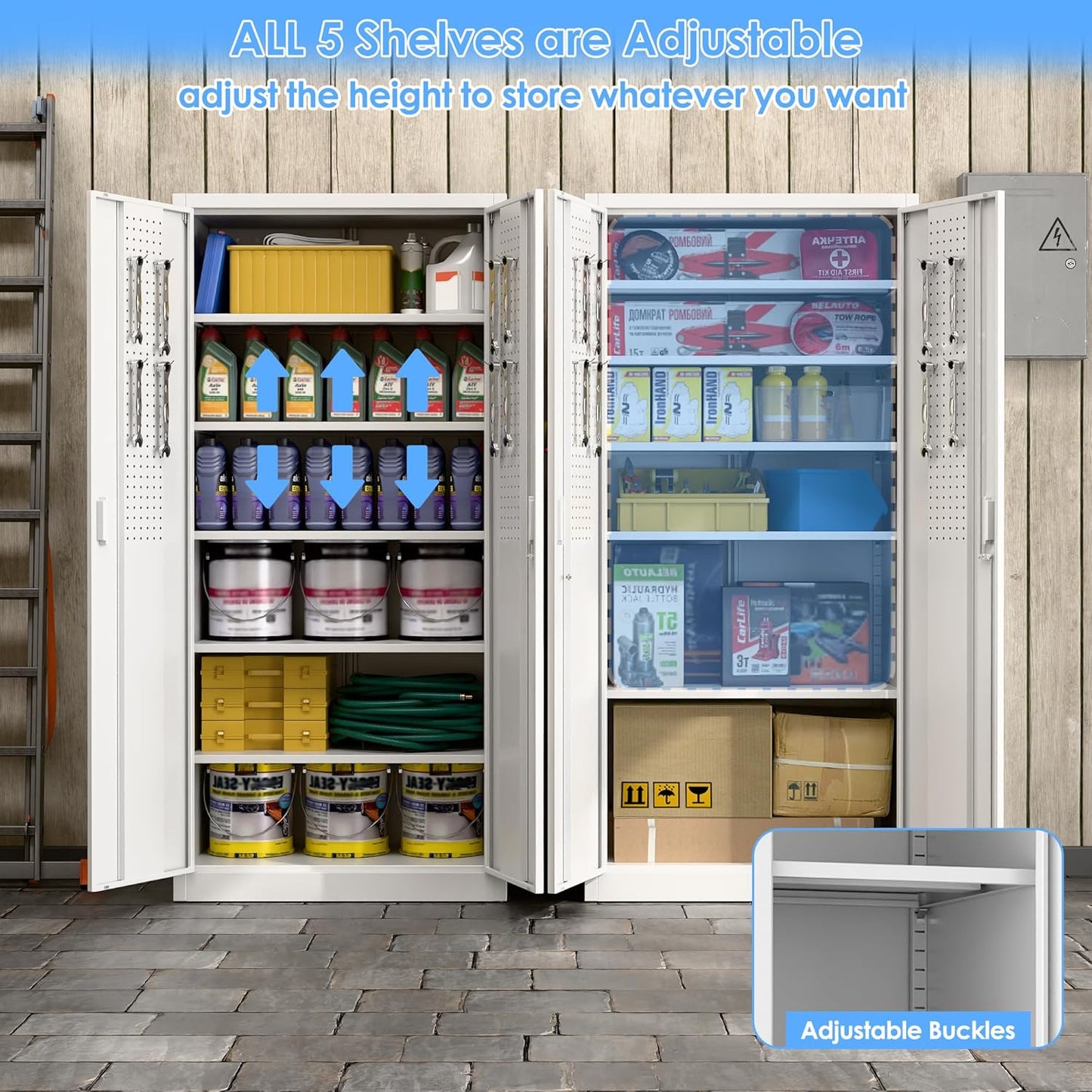 71"H×34"W×18"D Metal Garage Storage Cabinet with Lock and Pegboard, Steel Lockable File Cabinet with 2 Doors and 5 Adjustable Shelves for Office,Home,Garage, Storage, Assembly Required, White