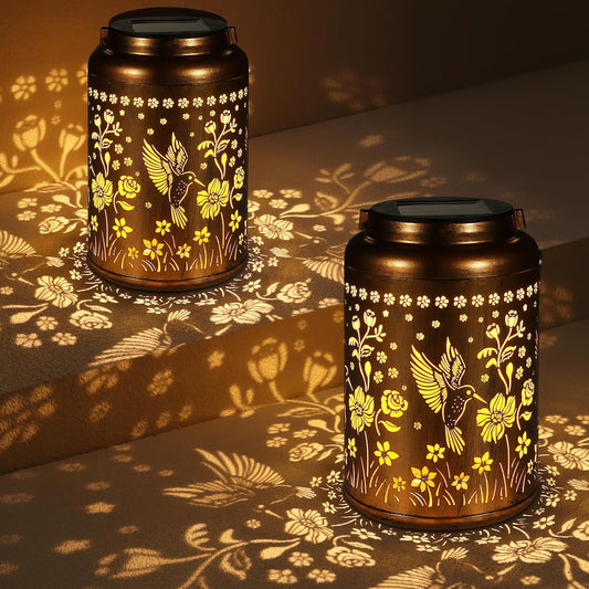 2 Pack Solar Lanterns Outdoor Waterproof, Hummingbird Garden Decor Gifts for Women Mom Grandma Hanging Solar Lights Metal Solar Decoration Outside for Yard, Patio, Lawn, Pathway