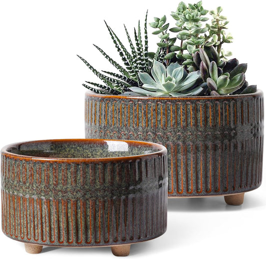 LE TAUCI Succulent Pots, 6.5+8 Inch Ceramic Pots for Plants Indoor, Shallow Round Succulent Planters with Drainage Hole, Set of 2, Reactive Glaze Black