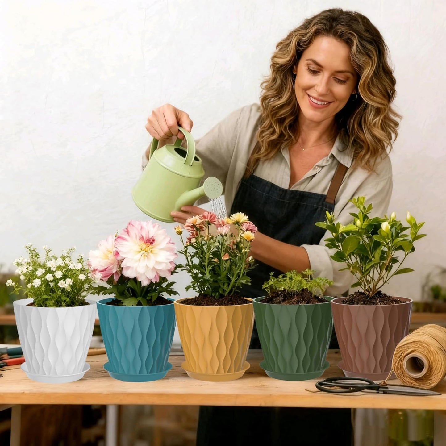 7 Inch Plant Pots Set of 5, Plastic Flower Pots with Drainage Holes and Trays, Planter Pot for Indoor Plants, Decorative Pots for Plants Indoor/Outdoor （Multicolor）