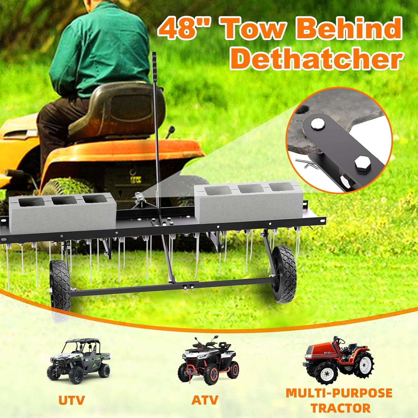 48" Tow Behind Lawn Dethatcher, Pull Behind Rake with 24 Rust-Proof Tines and Heavy Tires, Lawn Tractor Rake with Lift Handle, Black Tow Behind Rakes to Remove Thatch, Leaves from Large Lawn Area