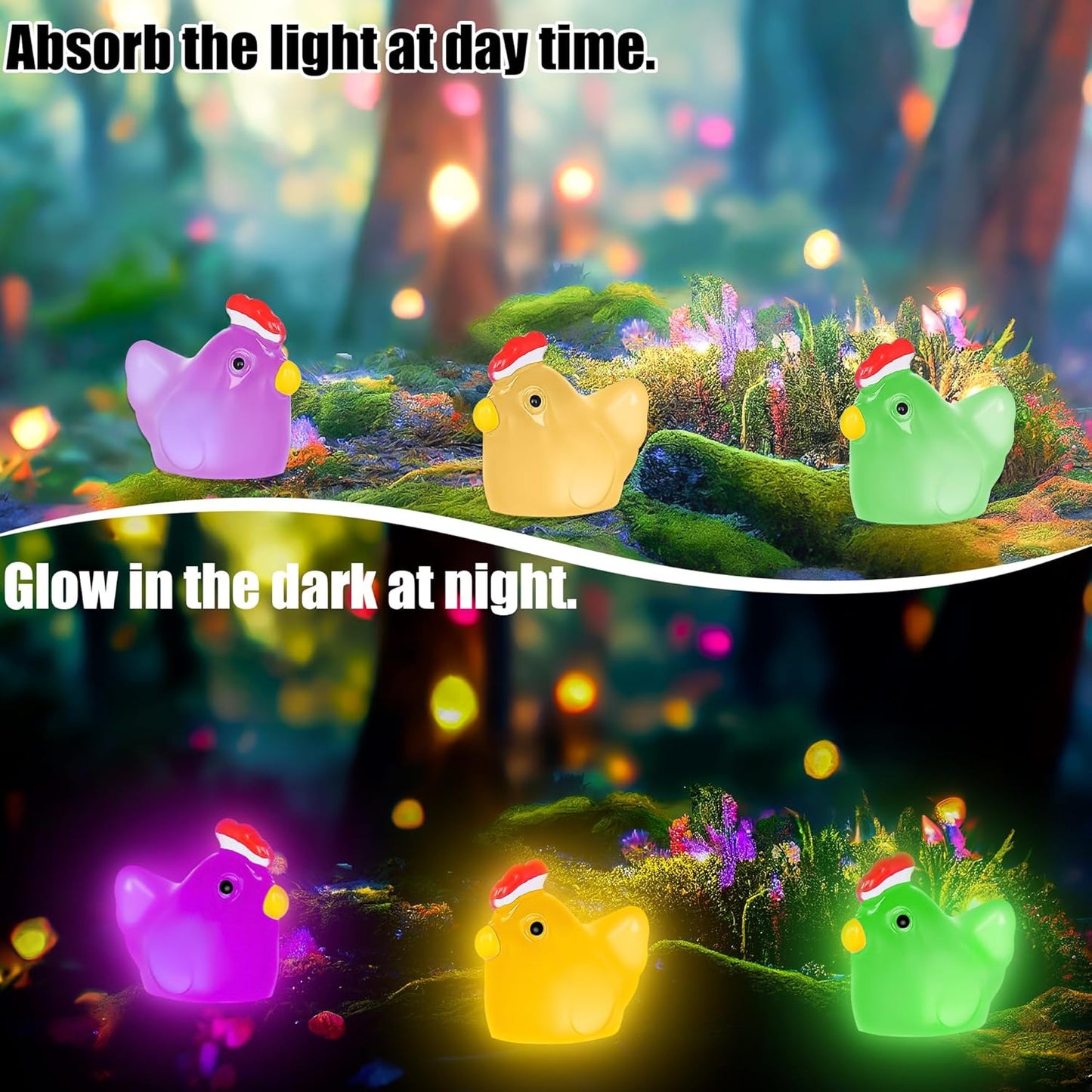 50 PCS Luminous Mini Resin Chicken Tiny Plastic Chicken Glow in The Dark Miniature Hens Figurines for Fairy Garden Miniature Moss Landscape Decoration (Luminous Chicken)