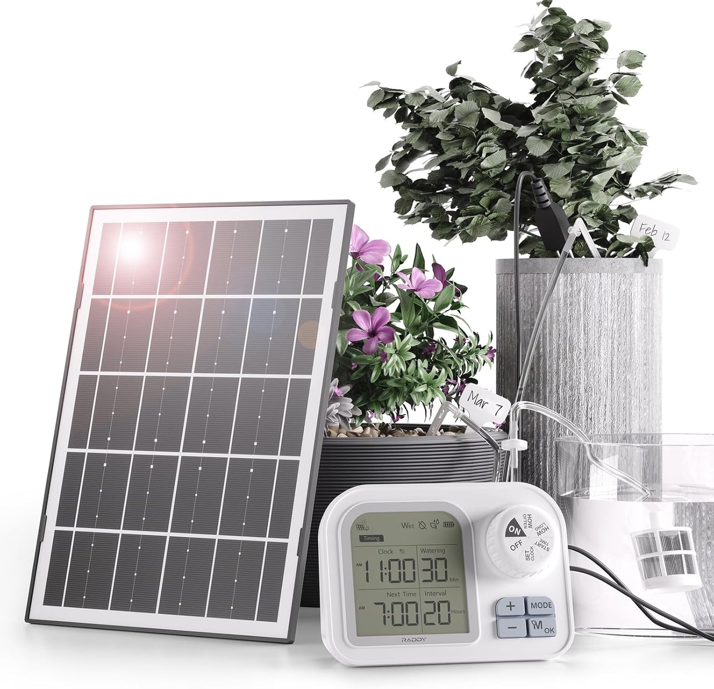 Raddy WS-7 Solar Drip Irrigation Kit with IPX7 Waterproof, Auto Watering System for 15 Potted Plants, with Auto-Soil Humidity Detection, 2600mAh Battery, Large Display for Indoor Outdoor Balcony