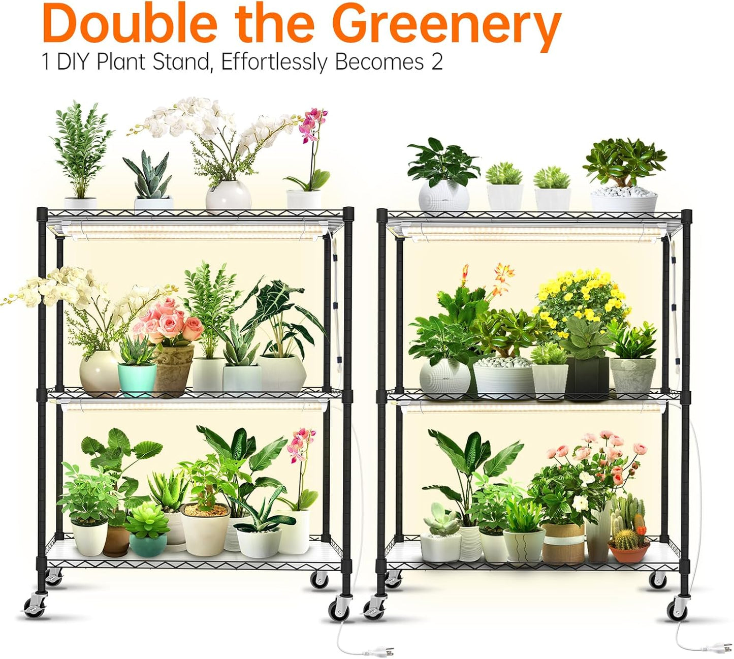 DIY Plant Shelf with Grow Lights, Grow Light Shelf with Adjustable Rack and Wheels, Plant Stand, 8-Pack 192W T8 3000K Full Spectrum Grow Lights for Seed Starting,Seed Tray(29.5L x 13.8W x70.9H)