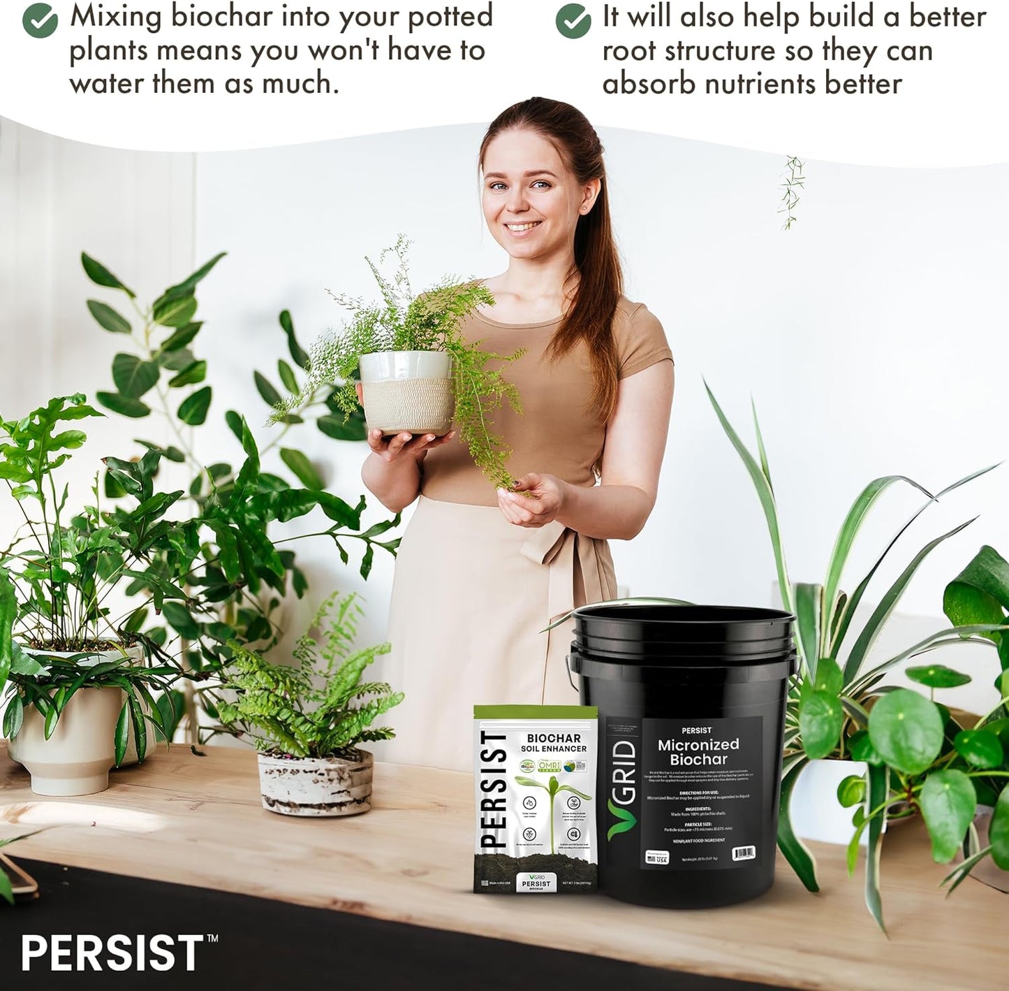 Persist Micronized Biochar Soil Amendment for Plants, for Use with Sprayers and Drip Line Systems, Improves Plant Soil, 100% Natural Active Carbon and Garden Plant Fertilizer (5 Gal)