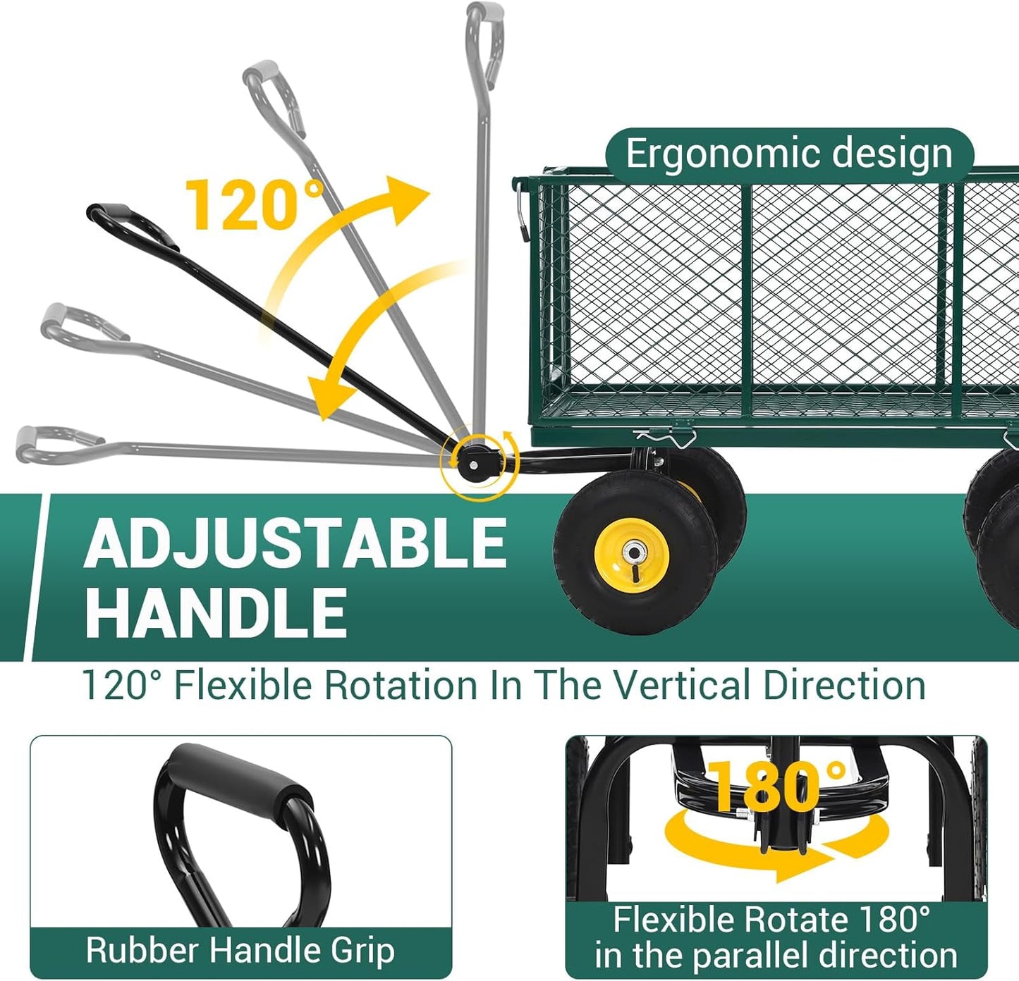Heavy Duty Steel Garden Cart, 1100LBS Pullable Metal Garden Wagon with 10" Wheels, 180° Rotating Handle and Removable Sides for Outdoor, Farm, Yard, Beach ﻿