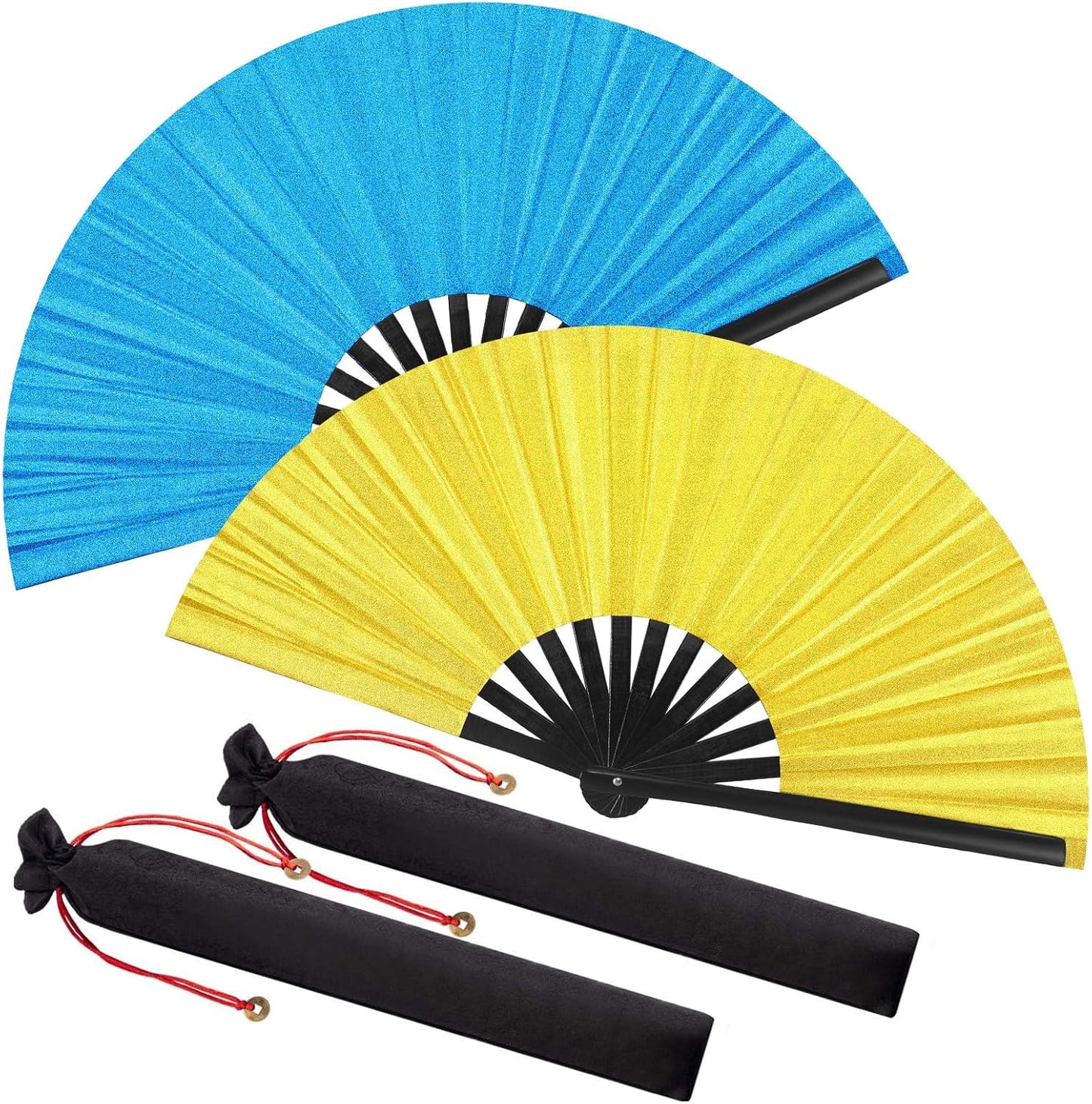 Maitys 2 Packs Large Clap Fans for Line Dancing Large Chinese Folding Hand Fans for Men and Women, Festival, Tai Ji, Kungfu, Martial Art, Gifts (Glitter Yellow and Blue)