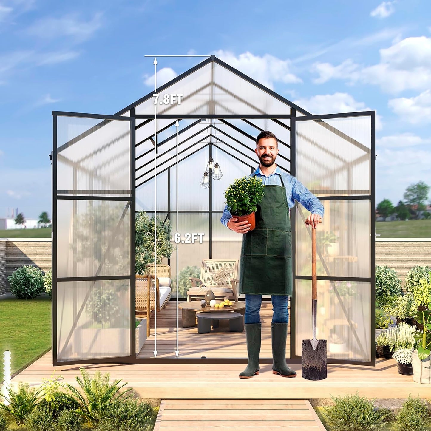 120 * 168 * 104in Greenhouse for Outdoors,Polycarbonate Greenhouse with Stronger Wind Protection and Roof Vent,Walk-in Large Aluminum Sunroom Winter Proof,Black