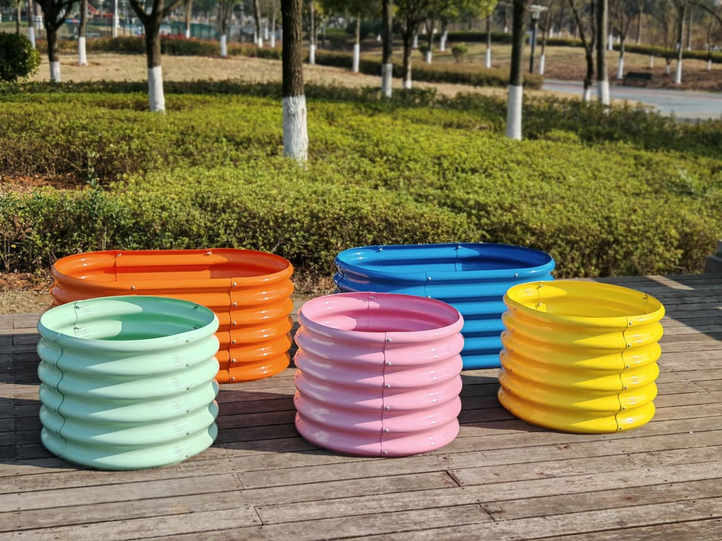 A ANLEOLIFE 5-Pack 18in Tall Kids Raised Garden Beds Outdoor, 40x24in Oval & 24x24in Round Galvanized Metal Planter Box for Planting Vegetables, Flowers, Fruits, Eco-Safe & Easy Setup