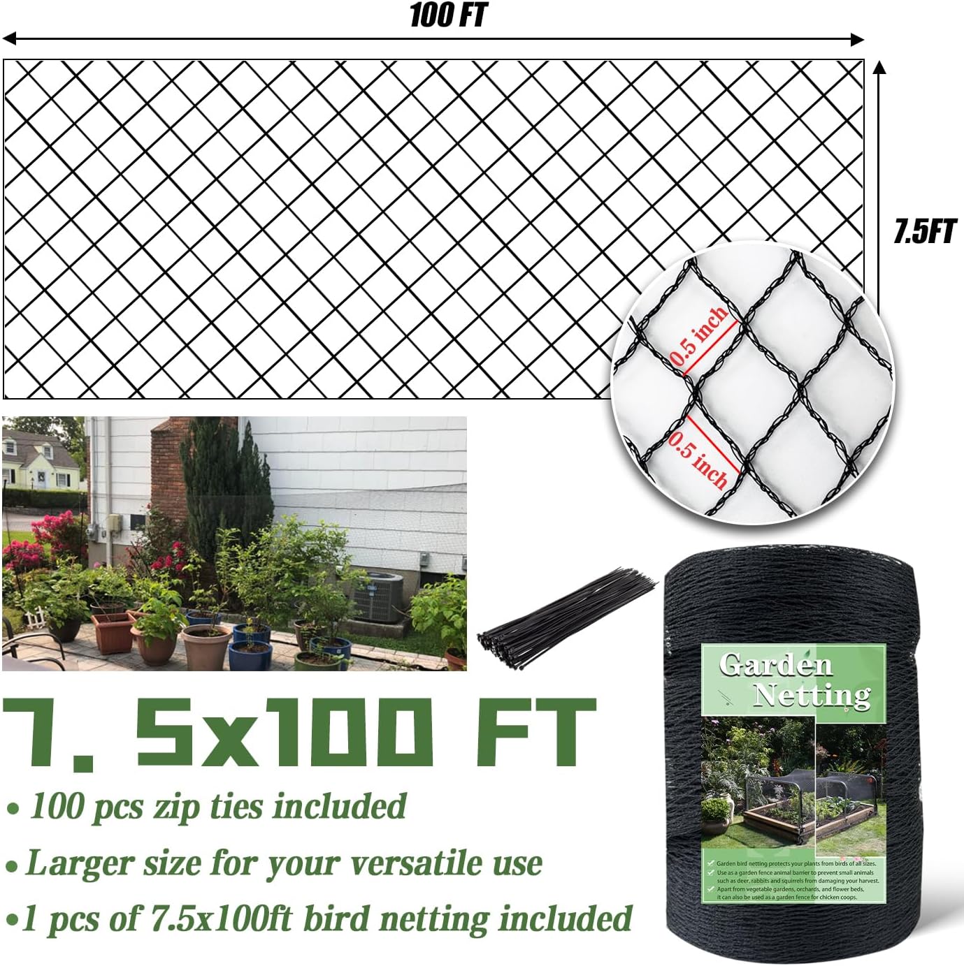 Bird Netting，7.5 x 100 FT Garden Netting Bird Net for Chicken Coop, Poultry Netting Fence for Fruit Trees, Plants and Vegetables Against Birds, Deer, Squirrels and Other Animals