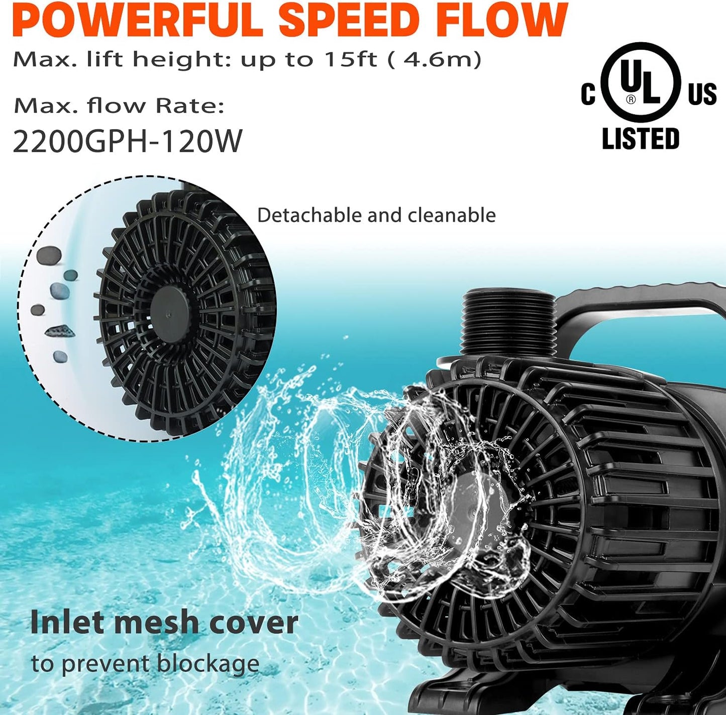 WaterRebirth (2200GPH-120W,UL listed) High Flow Large Fountain Submersible Water Pond Sump Pump Aquarium Electric Waterfall Pump Outdoor PS-2200