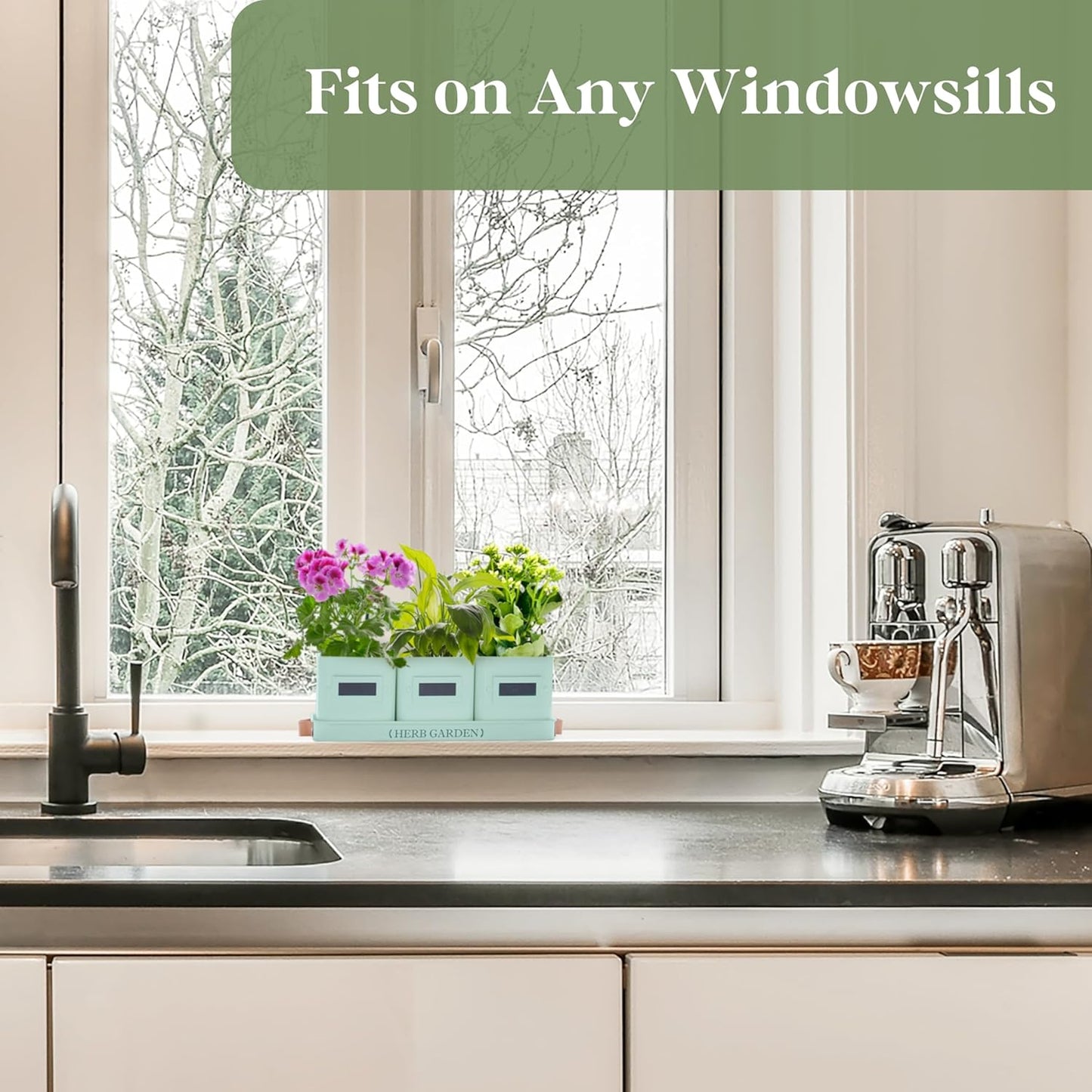 PERFNIQUE Indoor Herb Garden, Herb Planter Set with Tray, Farmhouse Indoor Plant Pots, Windowsill Herb Garden with Drainage(Planter only) for Indoor/Outdoor, Window Pots (Mint)