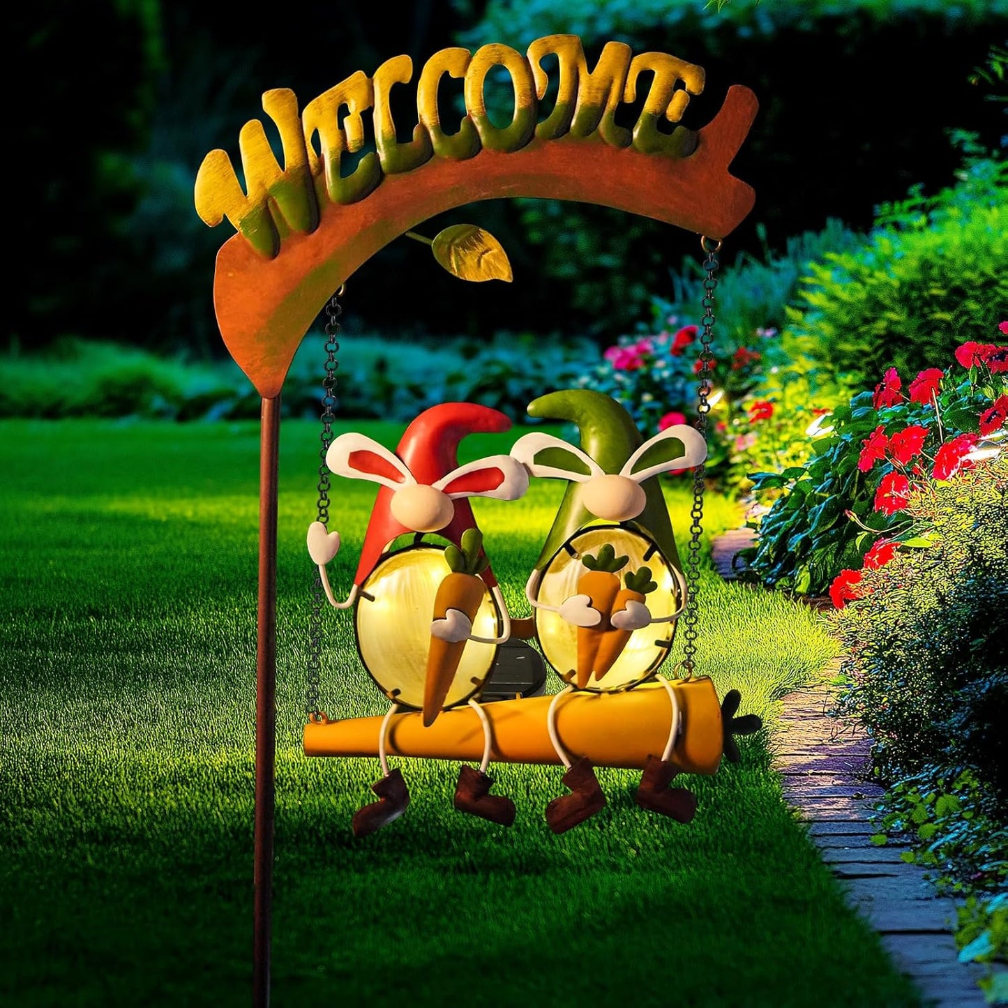 HONGLAND Solar Lights Outdoor Decor, Gnomes Swing Garden Decor, Funny Gardening Gifts for Women Mom, Gnome Outdoor Decorations with Welcome Sign for Front Porch Patio