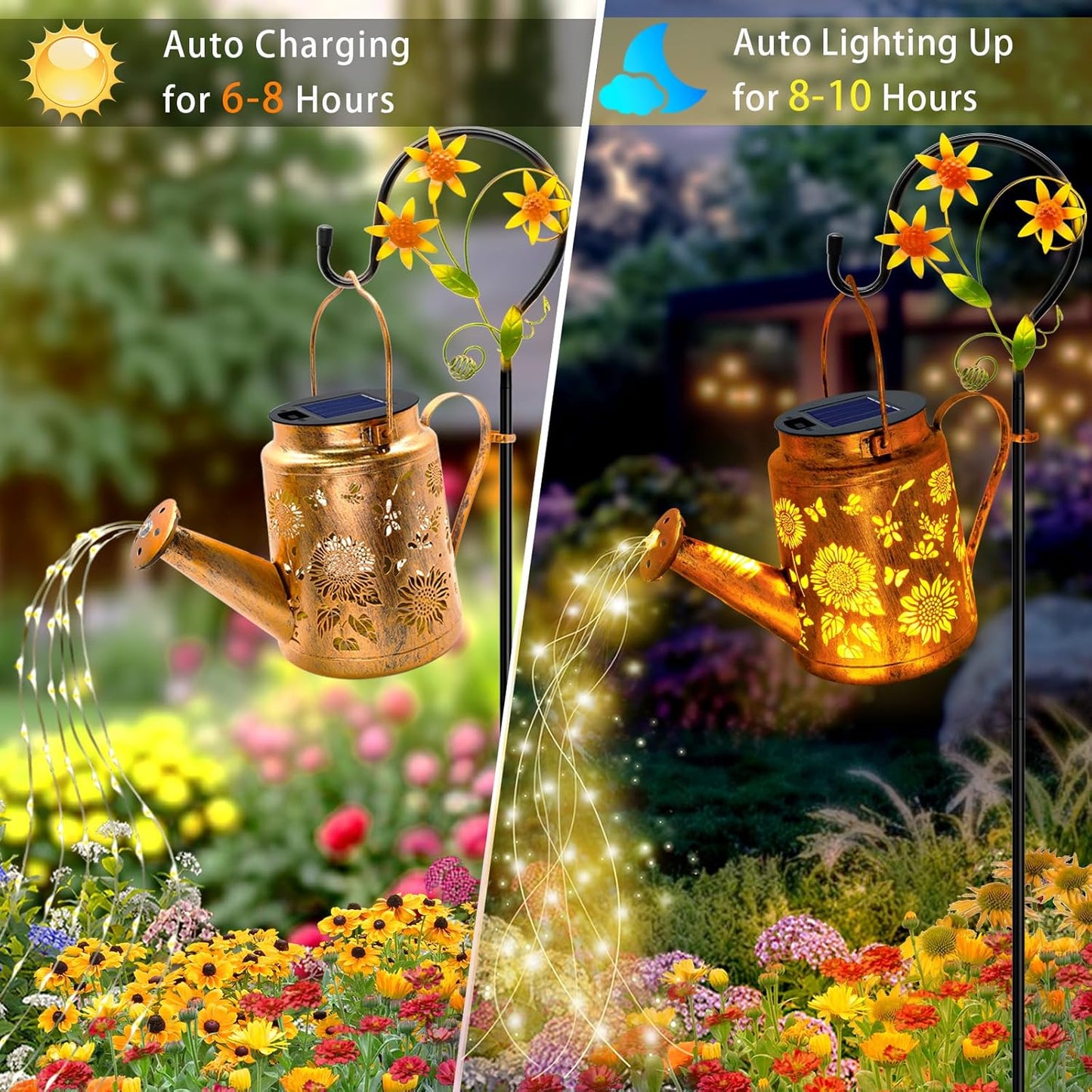 Solar Lights Outdoor Waterproof, Sunflower Solar Watering Can Lights with Shepherd Hook, Metal Hanging Lantern Garden Decor Yard Outside Patio Lawn, Gifts for Mom Grandma Women Birthday