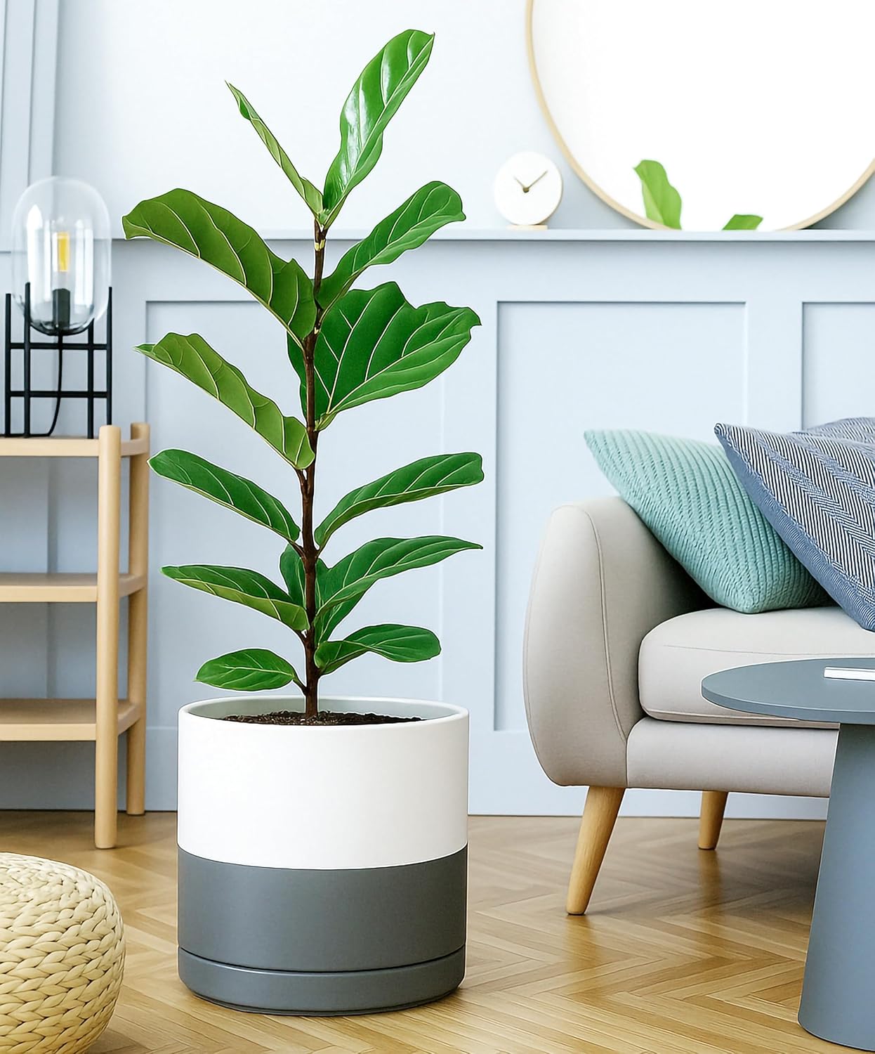 D'vine Dev 12 Inch Ceramic Planter Pot with Drainage Hole and Saucer, Indoor Cylinder Round Planter Pot, White/Speckled Grey, 94-O-F-6