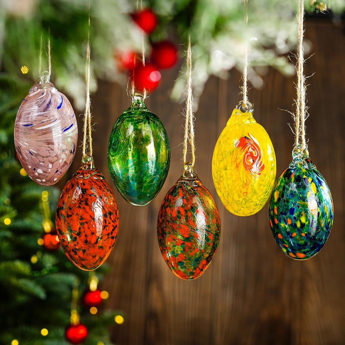 6PCS Hand Blown Glass Egg Ornaments Colorful Hanging Ornament Balls Gazing Ball Friendship Ball Decor for Garden Patio Window Christmas Tree