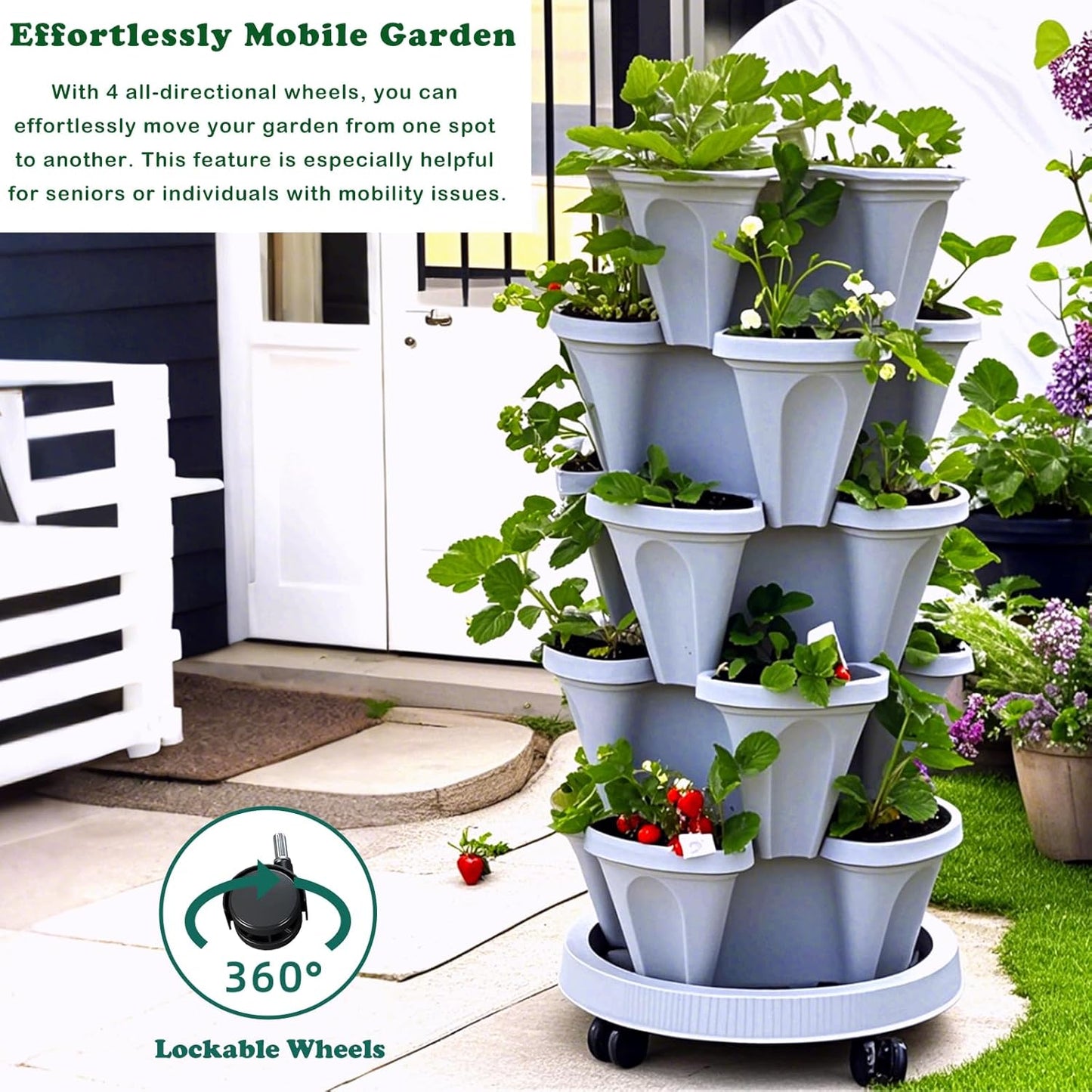 7 Tiered Strawberry Planters 3 Pack, Vertical Stackable Planter, Herb Stacking Tower Garden, Flower and Vegetable Planters with Support Pole Indoor and Outdoor with Removable Wheels Dark Grey