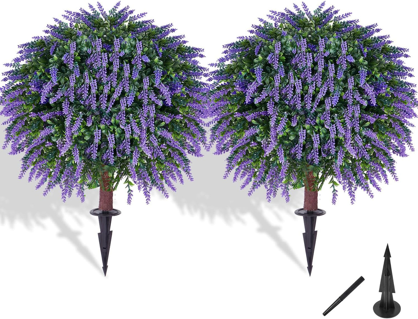 Artificial Lavender Topiany Ball Trees Set of 2,17” Resistant Fake Evergreen Shrubs with Ground SpilRealistic Outdoor Indoor Plants for Garden Porch Maintenance-Free Potted