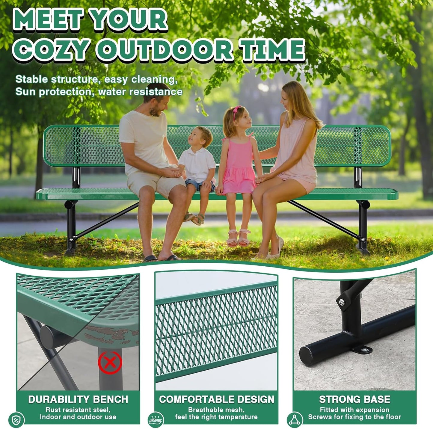 8Ft Outdoor Bench with Back Portable Frame, Outdoor Steel Park Bench with Backrest, Expanded Metal Mesh Bench for Outside, Lawn, Backyard, Park, Deck, Garden, Patio, Porch, Green
