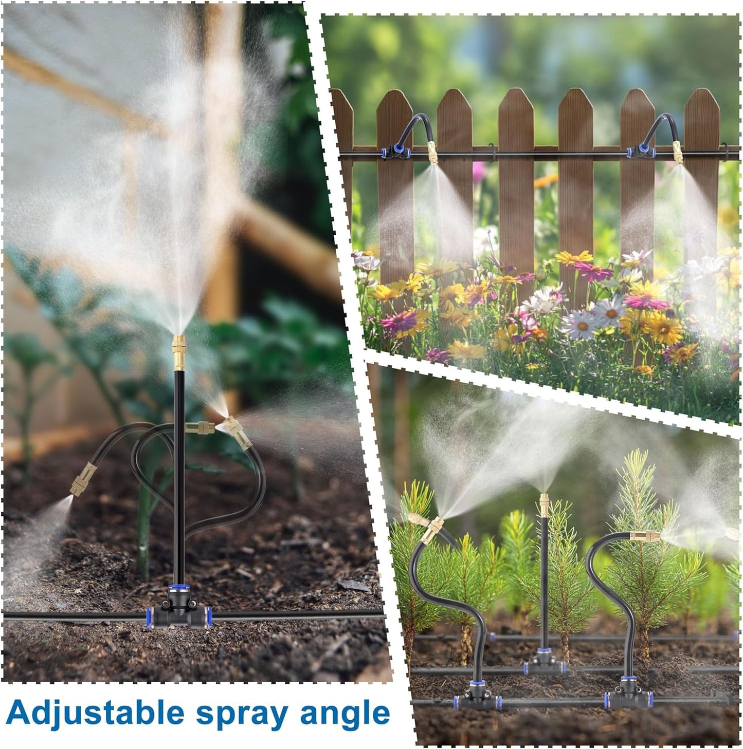 Mornajina Automatic Drip Irrigation Kits Garden Irrigation System, Includes Calcium Inhibitor Filter & 50FT 5/16 inch Irrigation Tubing Hose & 15Pcs 360° Bending Dropper Atomizing Mist Nozzles Tee