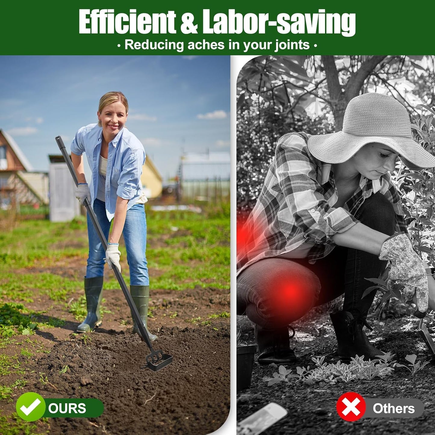 2-in-1 Garden Hoe Tool, Adjustable Length from 37 to 72inch, Ergonomic Design for Weeding and Raking, Durable and Rust-Proof Blade, Save Time and Effort