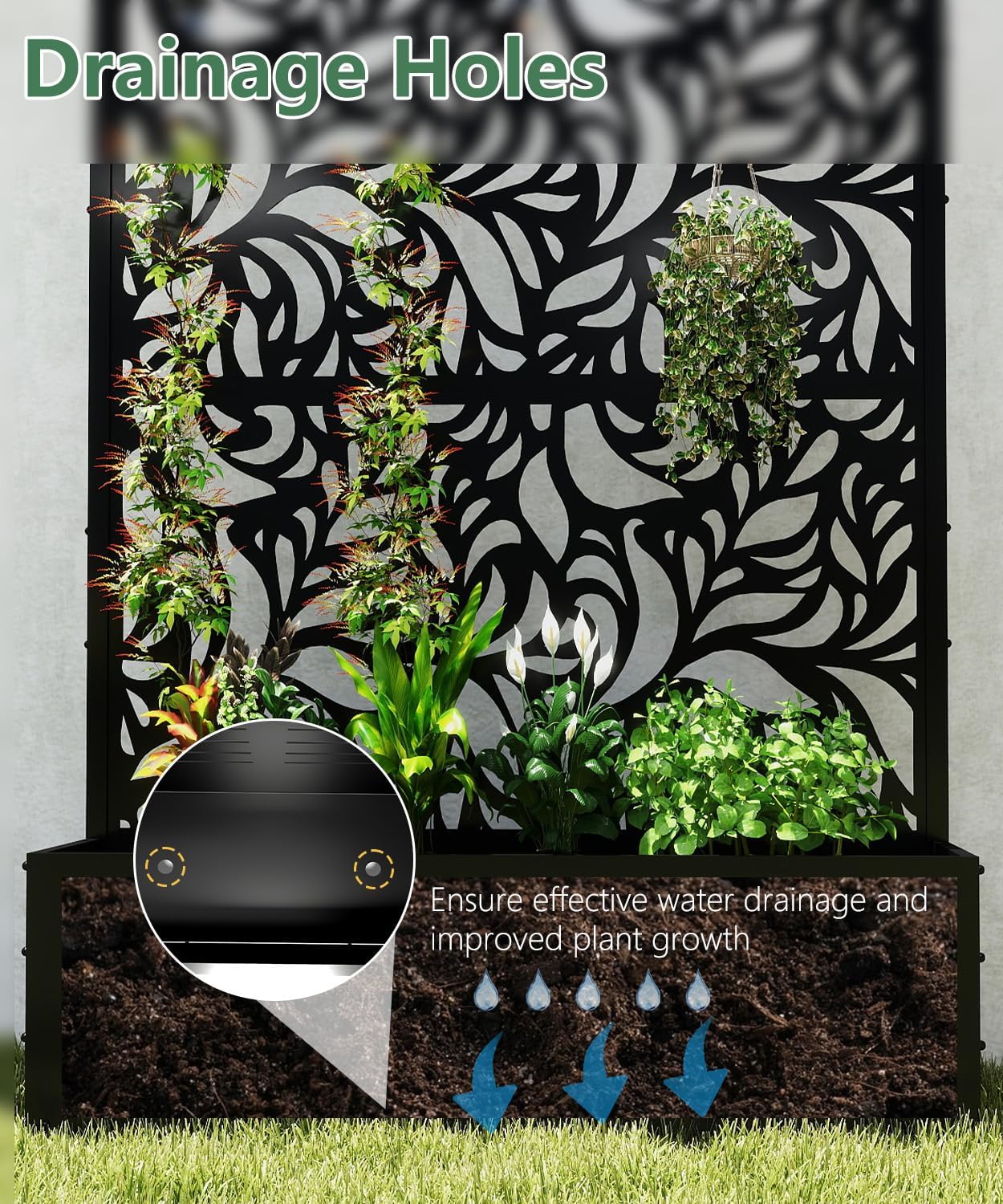 2PCS Metal Planter Box with Trellis,70.9"x47.2"x15.7" Raised Garden Bed with Drainage Holes, Privacy Planters for Outdoor Garden Bed for Climbing Plants,Vegetables,and Vines, Black-Flower