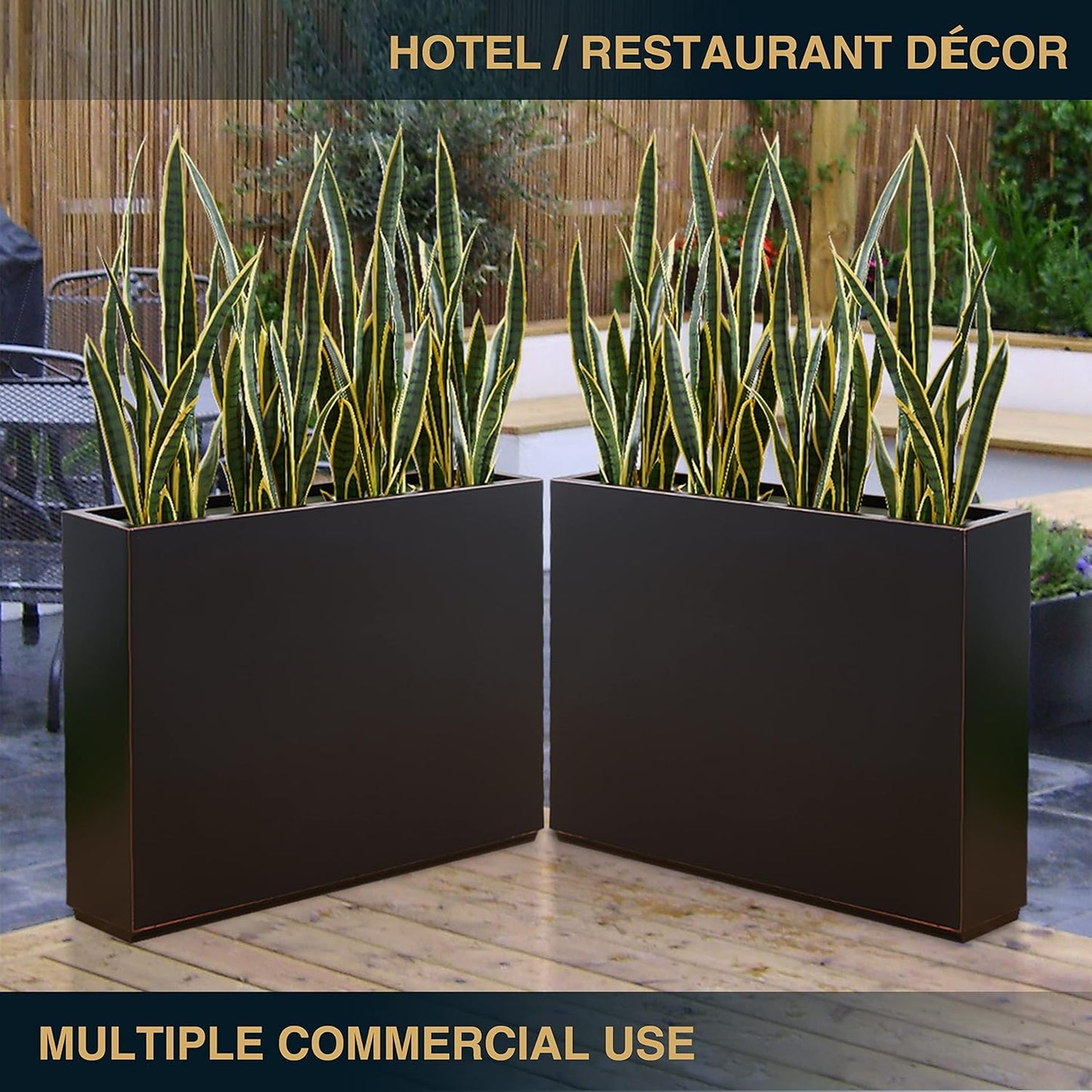 Metallic Heavy Outdoor Planter Box, Span Planter, Pure Black with Hand Brushed Gold Rim, Long and Tall Divider Planter, No Assembly and Seamless, 38”Lx10”Wx30”H 48.8 Pounds