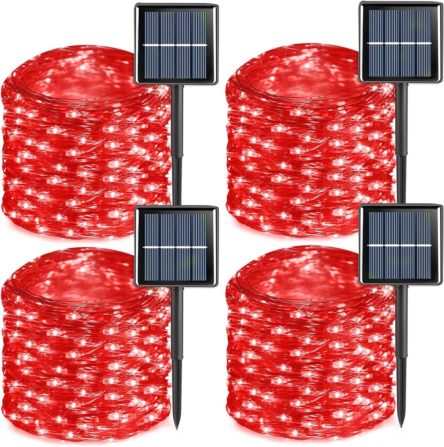 QITONG 4 Pack Red Solar Fairy Lights, Each 33ft 100 LED Christmas String Light Outdoor Waterproof, 8 Modes Silver Wire Mini Twinkle Lights