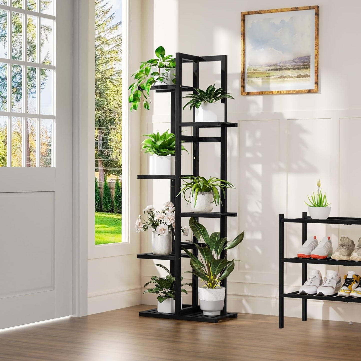 6 Tier Bamboo Plant Stand Indoor, Wood Tall Flower Holder Corner Tiered Plant Shelf for Multiple Plants (Black)