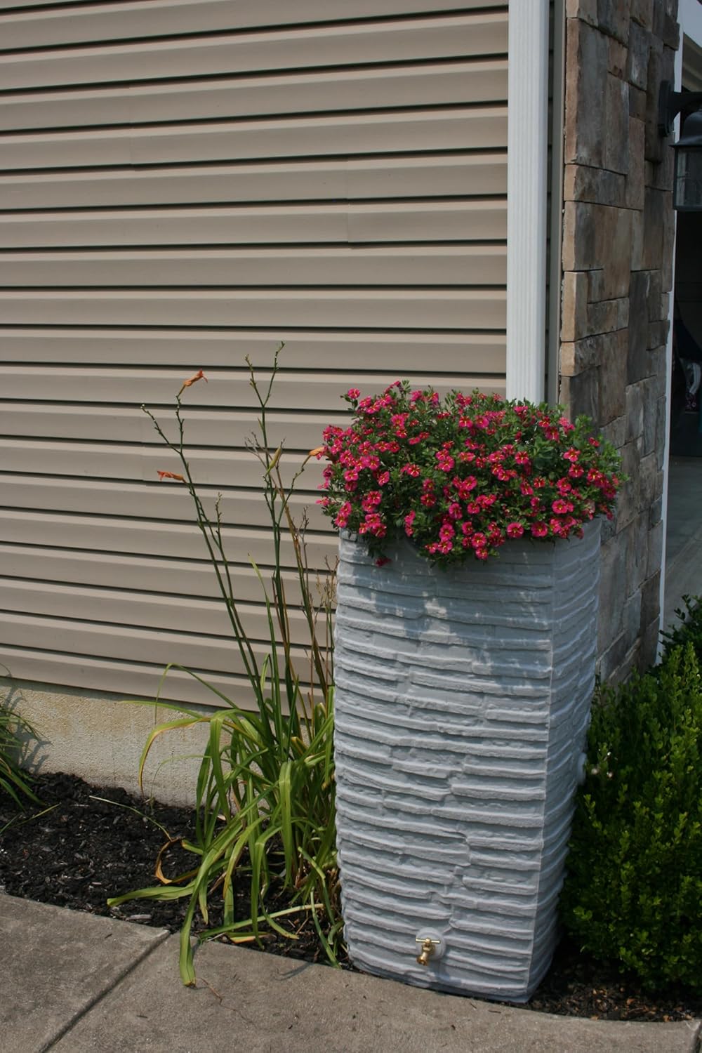 Good Ideas Impressions Riverwalk Rain Water Collection Barrel, Dark Granite, 50 Gallon - Faux Slate Rock Rainwater Catcher, Plastic Storage Drum with Dual Robust Metal Spigots & Fine Mesh Screen