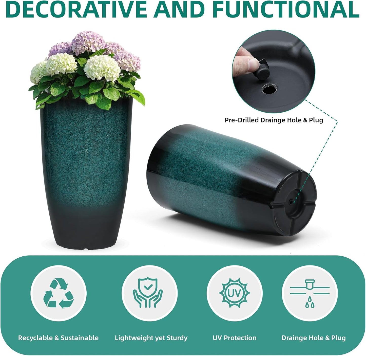 23.6" Set of 2 Tall Outdoor Planters, Gradient Turquoise Plastic Flower Pots, Weatherproof for Porch, Garden, Patio or Indoor Décor