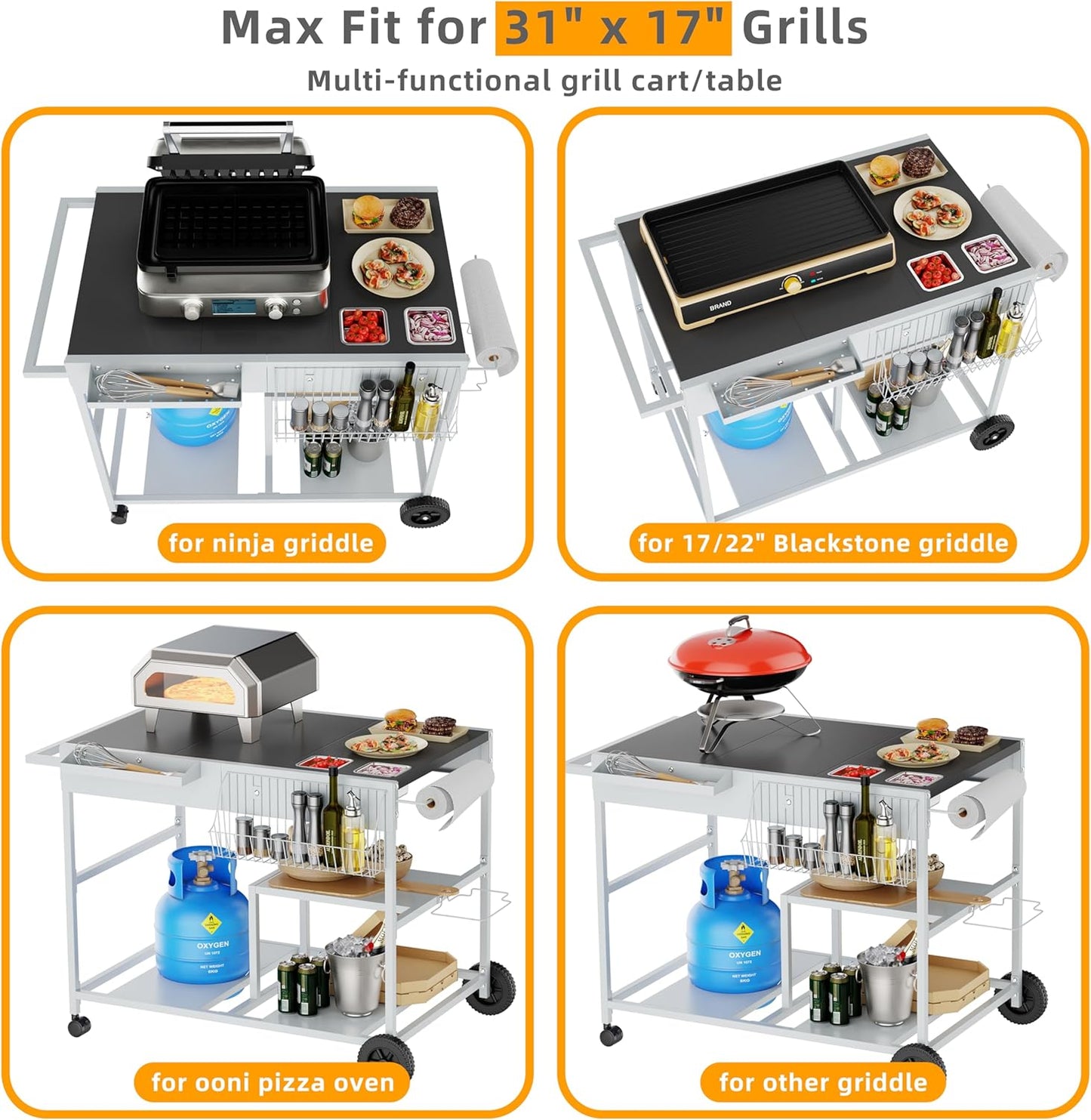 Vongrasig Pizza Oven Table with Topping Station, Outdoor Grill Cart with Storage for Blackstone Grill Ooni Pizza Ovens, Outdoor Kitchen Island Movable Grill Table Bar Cart