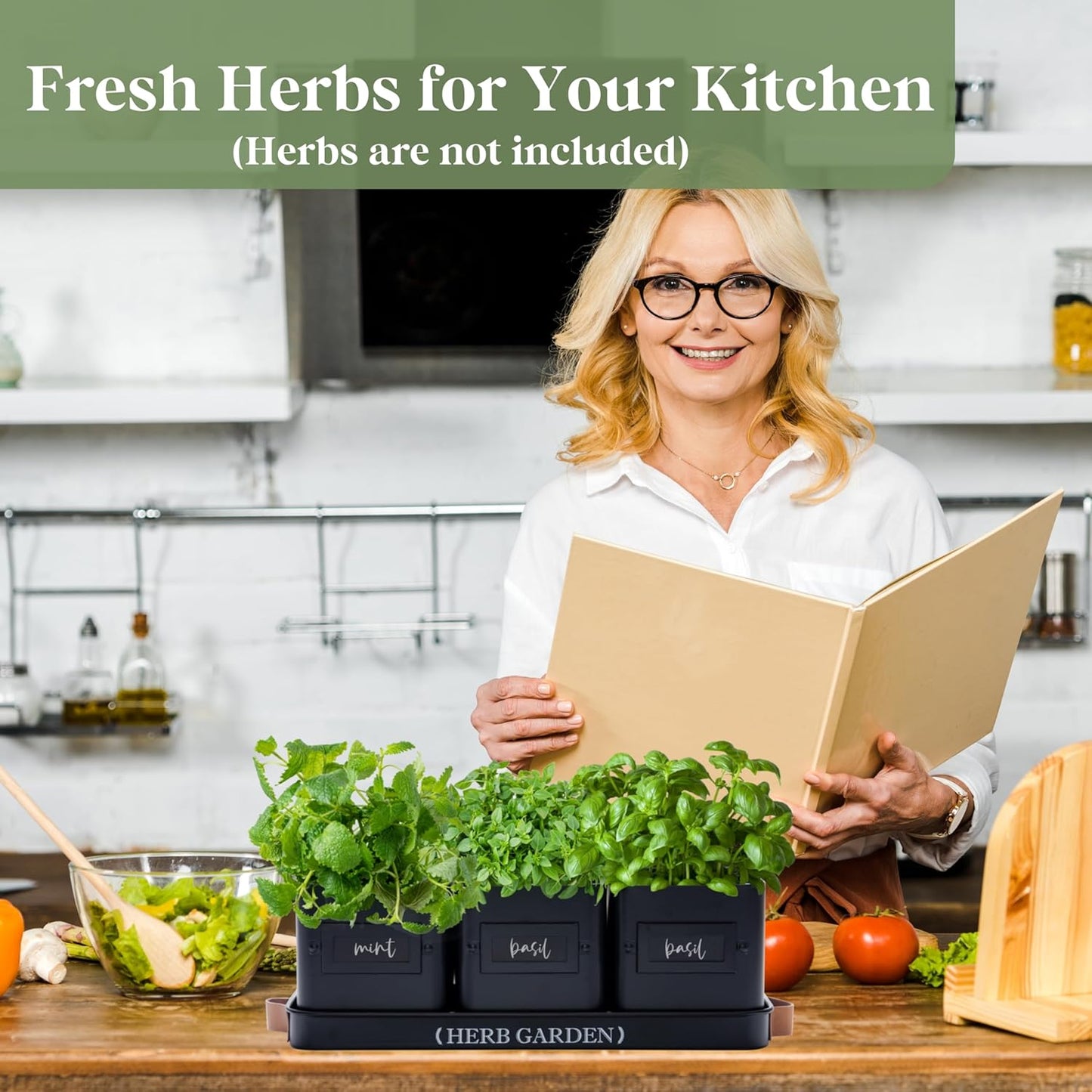 PERFNIQUE Indoor Herb Garden, Herb Planter Set with Tray, Farmhouse Indoor Plant Pots, Windowsill Herb Garden with Drainage(Planter only) for Indoor/Outdoor, Window Pots(Matte Black)