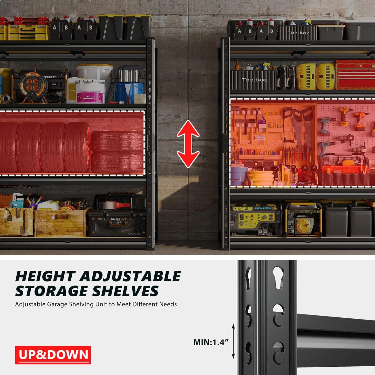 REIBII 48" W Garage Shelving Heavy Duty, 2000LBS Storage Shelves, 4 Tier Adjustable Metal Shelves for Garage Shelving Sturdy Industrial Shelf, Easy Assemble, 48" W x 60" H x 18" D