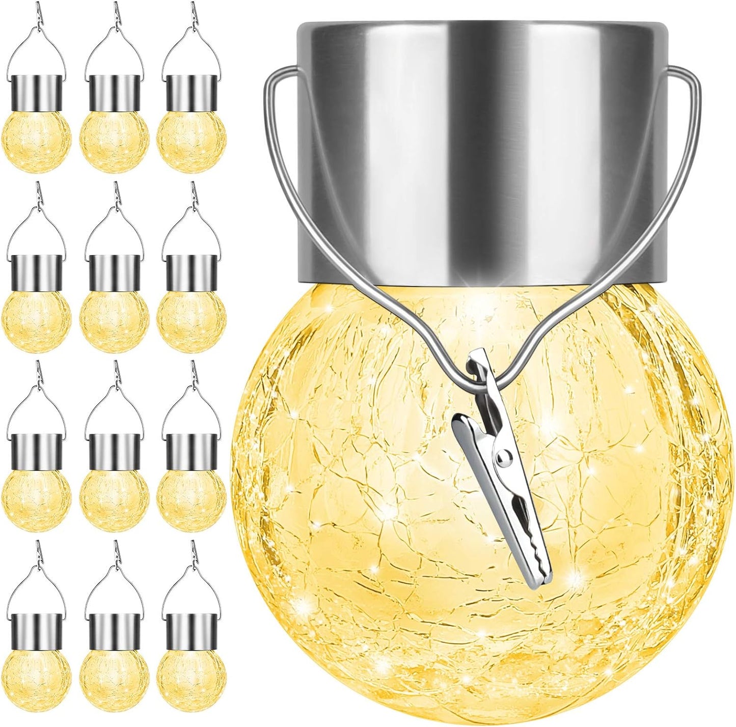 12Pack Hanging Outdoor Solar Lights - Decorative Cracked Glass LED Ball Lights Waterproof Tree Solar Powered Globe Lights with Handle for Garden Yard Patio Fence Christmas Decoration, Warm White