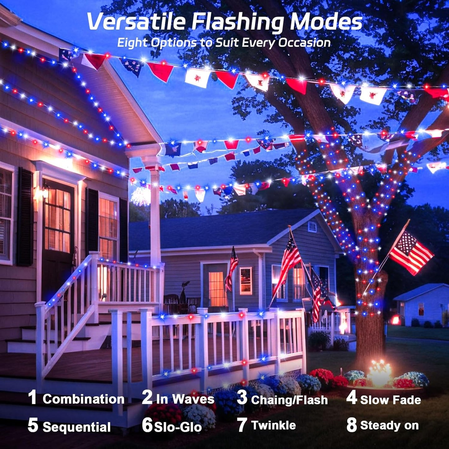 Red White and Blue Solar Fairy Lights, Memorial Day Lights Waterproof Outdoor 39.4ft 120LED 8 Modes Memory Function Independence Day Memorial Day Decorations, CS-SL-5M