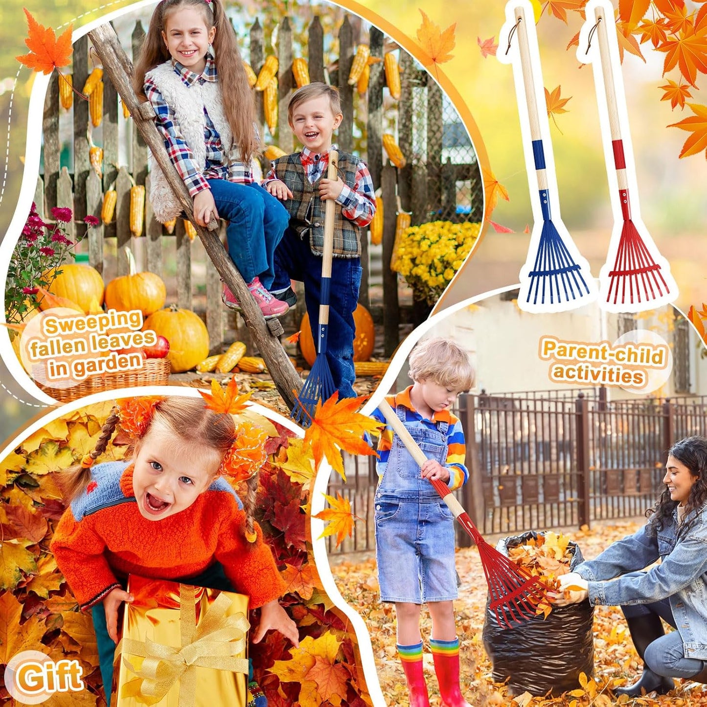 Suclain 2 Pcs Mini Rakes with Hardwood Handle Small Rake for Gardening Yard Tools Multicolor 28'' Mini Rake for Leaves Lightweight for Garden Leaf Tools