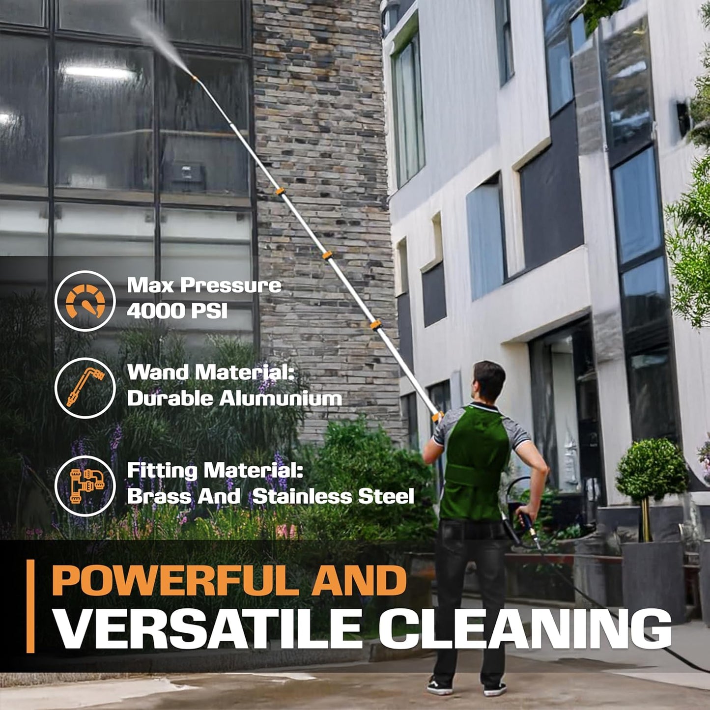 EDOU Direct Telescoping Pressure Washer Wand 19' | Heavy Duty | 4,000 PSI Max Working Pressure | Includes: 1/4" Quick Connection, 5 Spray Nozzle Tips, 2 Pivoting Couplers, 2 Adapters, Support Harness